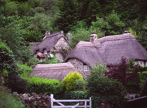 Group of pretty thatched cottages that make up Buckland in the Moor