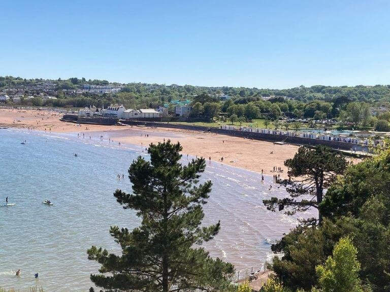 Long sandy beach with a parade of beach huts and lawns behind